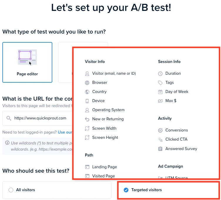Target A/B Testing on Crazy Egg by: device, country, ad campaign, and more.